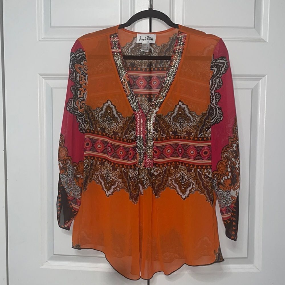 Joseph Ribkoff sheer V-neck bedazzled blouse